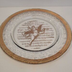 Vintage 13" Italian Glass Serving Platter With Gold Trim Cherub Musical Notes